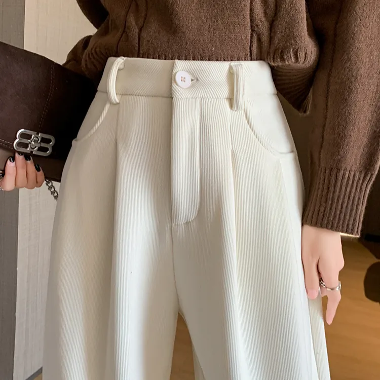 米白色欧棉绒阔腿裤女2025秋冬新款高腰时尚百搭小个子拖地直筒裤