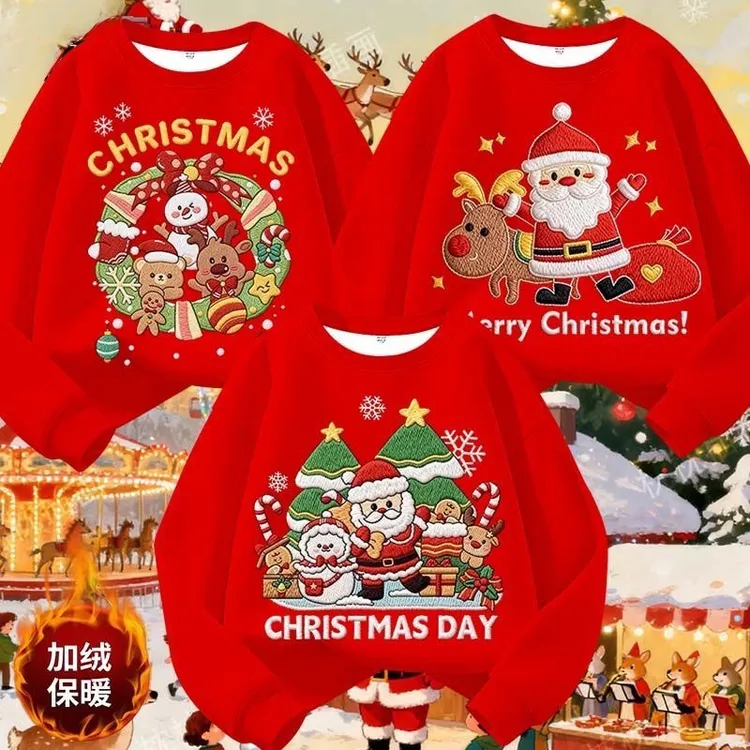 仿刺绣男童女童圣诞节加绒卫衣印花新款中大童休闲衣服中大童冬装