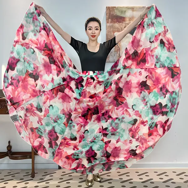 A《‌‌粉意绿彩》人丝混纺满铺花时尚百搭全松紧腰大摆半身裙带衬裙