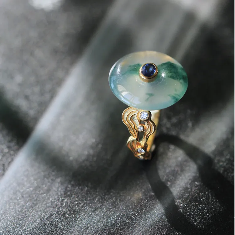 山肆山水画 冰种飘花翡翠18k金戒指