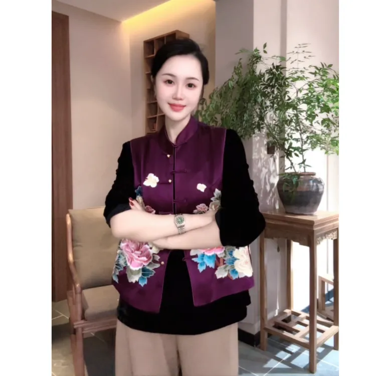 牡丹（紫）  芳华设计新中式醋酸刺绣马甲国风刺绣马甲FH-B127