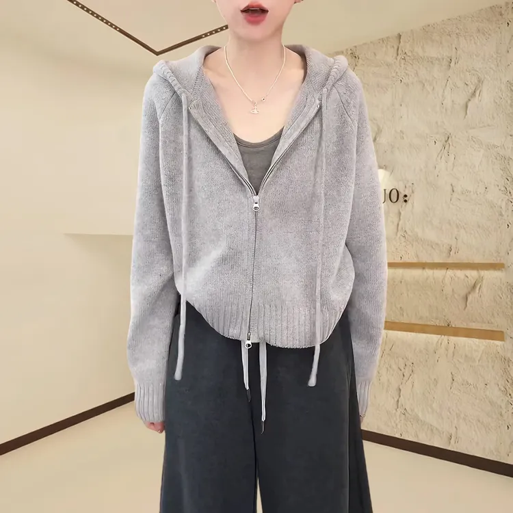 简约时尚百搭毛衣开衫外套女2025秋季新款宽松显瘦针织衫连帽卫衣