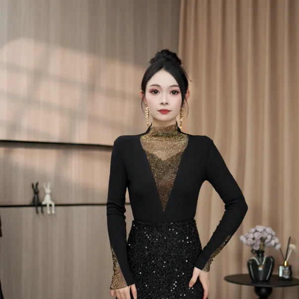 秋冬时尚百搭磨毛洋气拼接镶钻长袖上衣气质保暖设计款女装打底