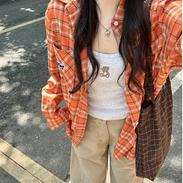 【橙意满满】橙色格子衬衫外套女早秋刺绣休闲衬衣宽松情侣上衣潮