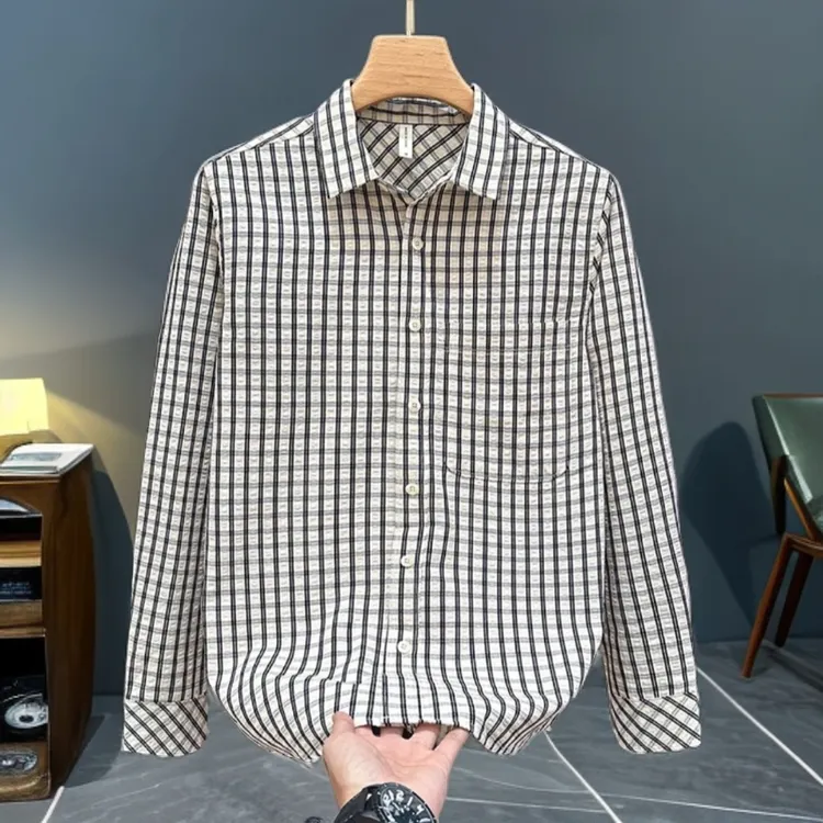 春秋季新款潮流格子衬衫男长袖宽松休闲时尚翻领文艺男装衬衣外套