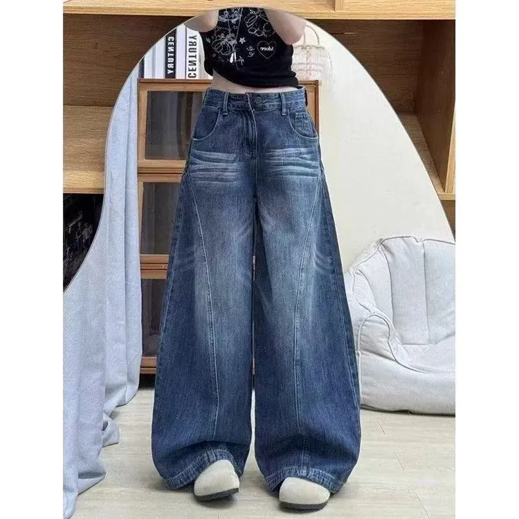 美式复古高街显瘦猫须水洗弯刀牛仔裤女街头宽松廓形设计感裤子潮