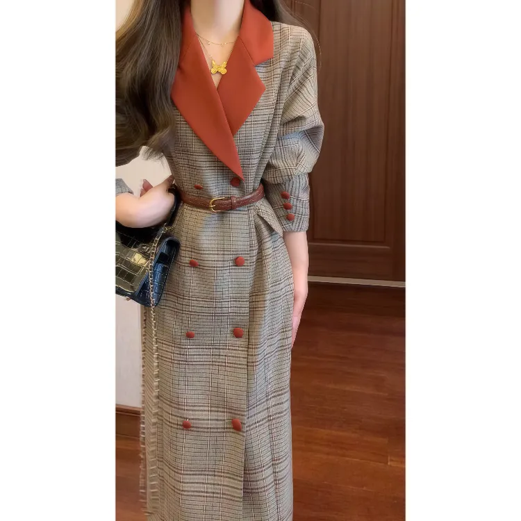 威尔士经典复古格纹优雅轻古着撞色大翻领收腰西服连衣裙9822