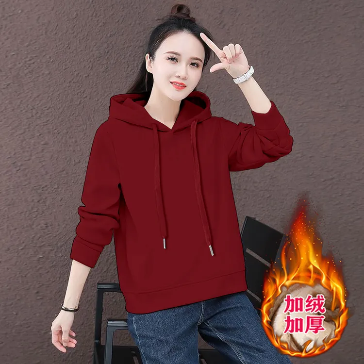 加绒加厚卫衣连帽秋冬保暖新款女士休闲宽松百搭上衣减龄洋气外套