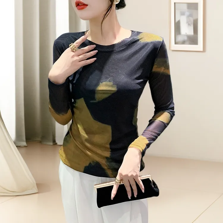 流行时尚潮牌女装高端网纱打底衫春季长袖百搭气质上衣高级感纱衣