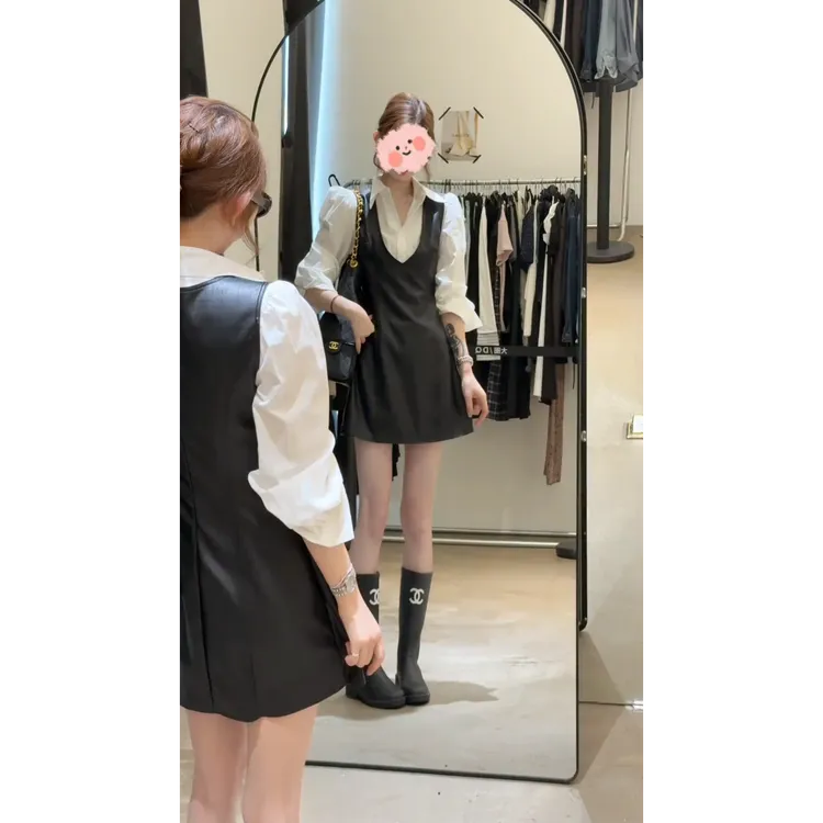 小众轻奢高级感皮裙背心连衣裙女内搭秋季新款时尚气质衬衫套装