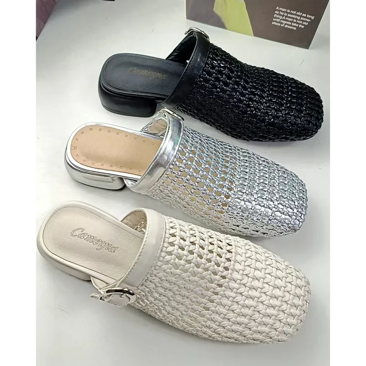 羊皮小众休闲透气一脚蹬编织包头半拖鞋2025新款方头百搭穆勒鞋