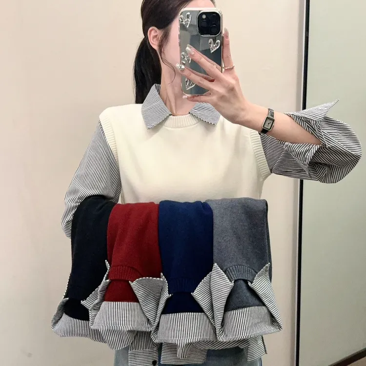 花倾慕韩系穿搭2025秋季新款拼接衬衫假两件针织衫毛衣女95541