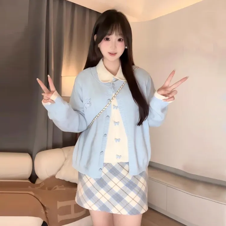 【1127】大码女装胖mm设计感假两件刺绣针织衫毛衣翻领遮肉显瘦上衣