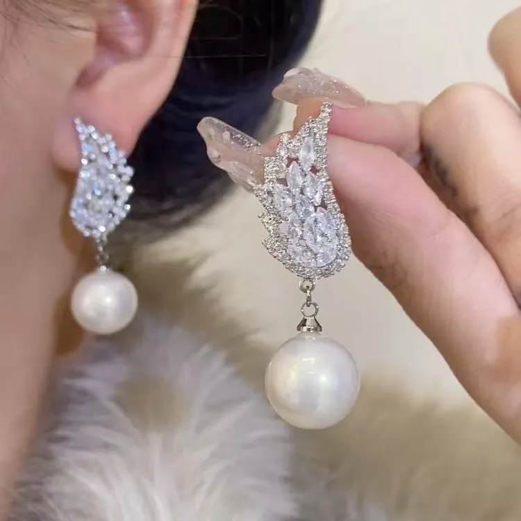 铜合金耳饰 EH471天使之翼微镶满锆石轻奢手工气质时尚珠珠耳环