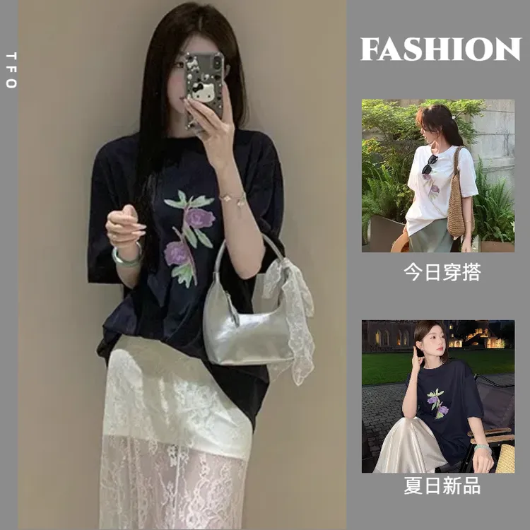 立体郁金香t恤女2025夏黑色短袖正肩油画上衣设计感小众宽松休闲