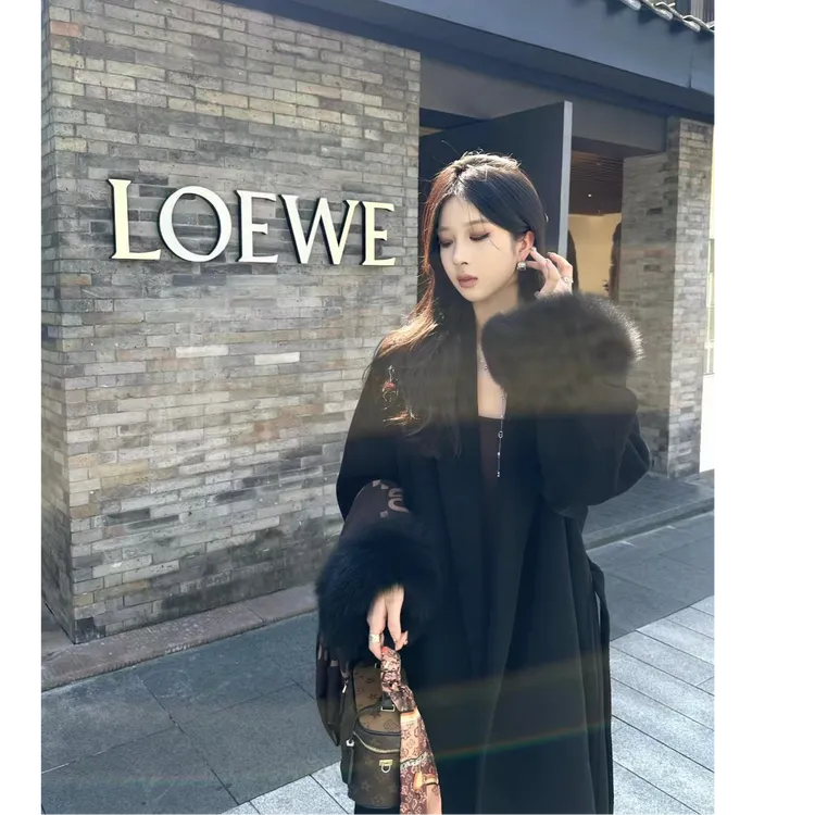 可拆卸袖口毛双面绒毛呢外套外套中长款显瘦赫本风高级感呢子大衣