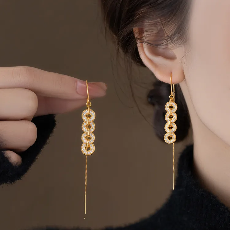 铜合金耳饰 新中式精致铜钱耳线女秋冬长款气质高级感流苏耳环潮