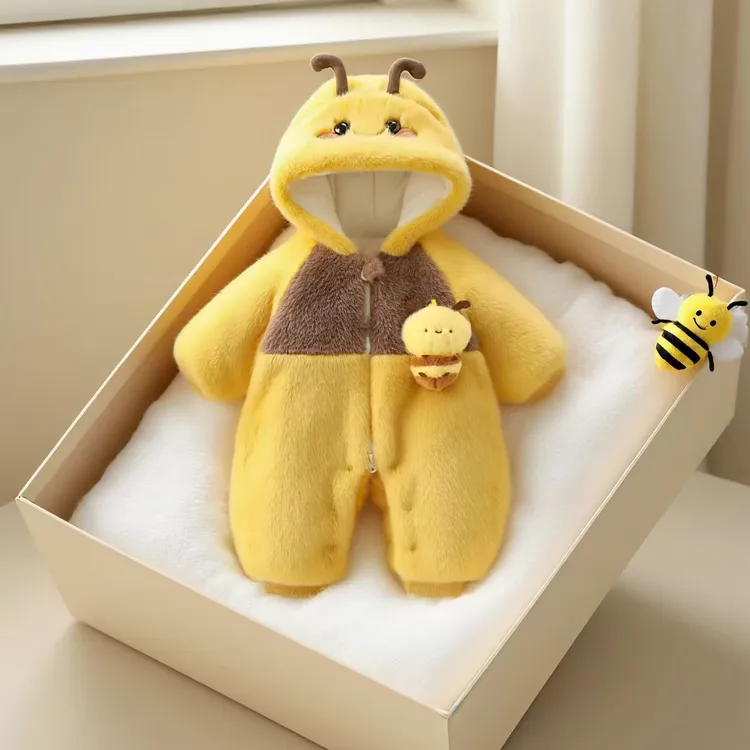 冬款婴儿连体衣男女宝宝爬服卡通加厚保暖超萌小蜜蜂冬装外出爬服