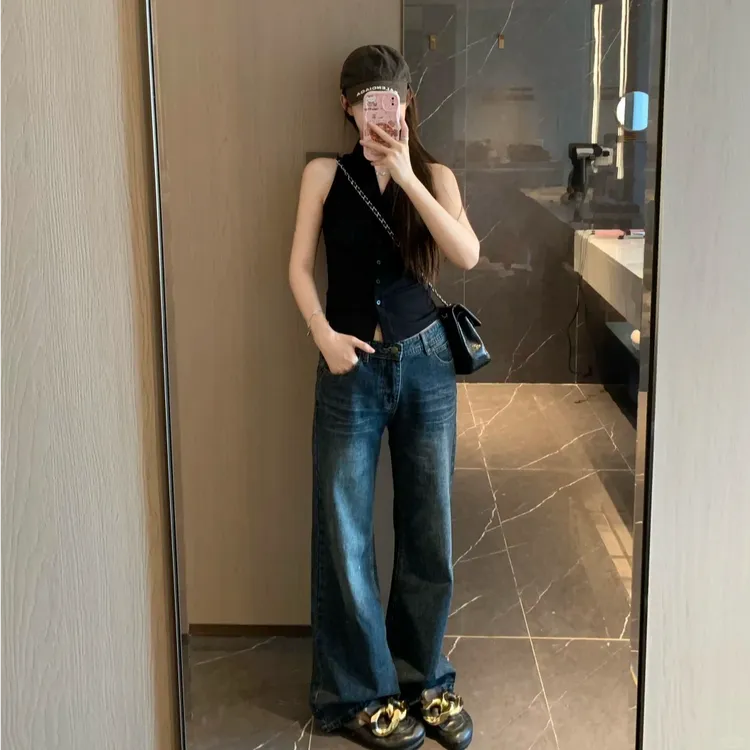 2025夏季新款时尚打底无袖上衣性感辣妹外穿洋气休闲百搭宽松长裤