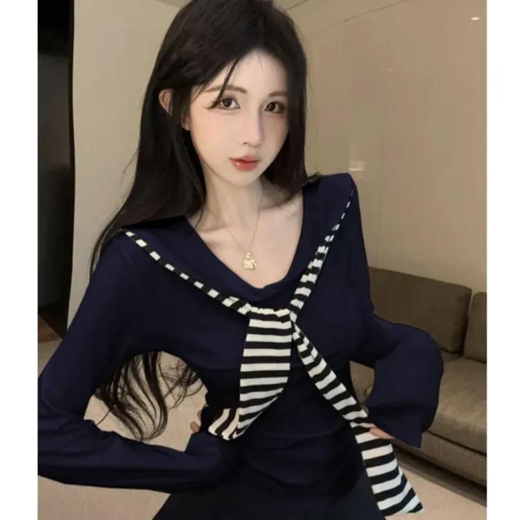 2025秋季新款韩版学院风海军领套头披肩正肩T桖小众设计时尚感