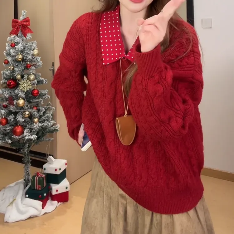 冬季拼接纯欲风舒适法式翻领常规毛衣宽松红撞色套头LK1230079