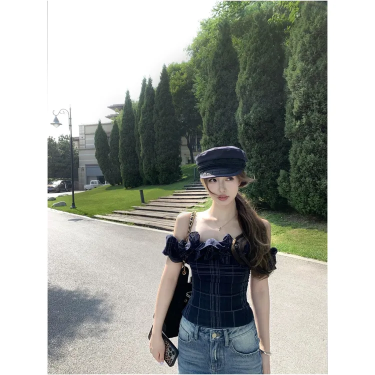 一字肩花边修身上衣女 81003