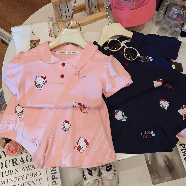 女童短袖T恤POLO衫套装夏季卡通韩版儿童宝宝运动休闲短裤纯棉