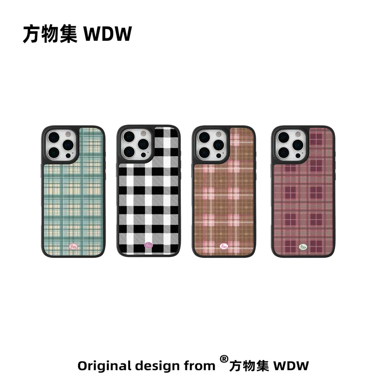 【哆6专属】方物集WDW丨<格纹豹纹>适用iphone17磁吸磨砂镜面鎏金黑边手机壳