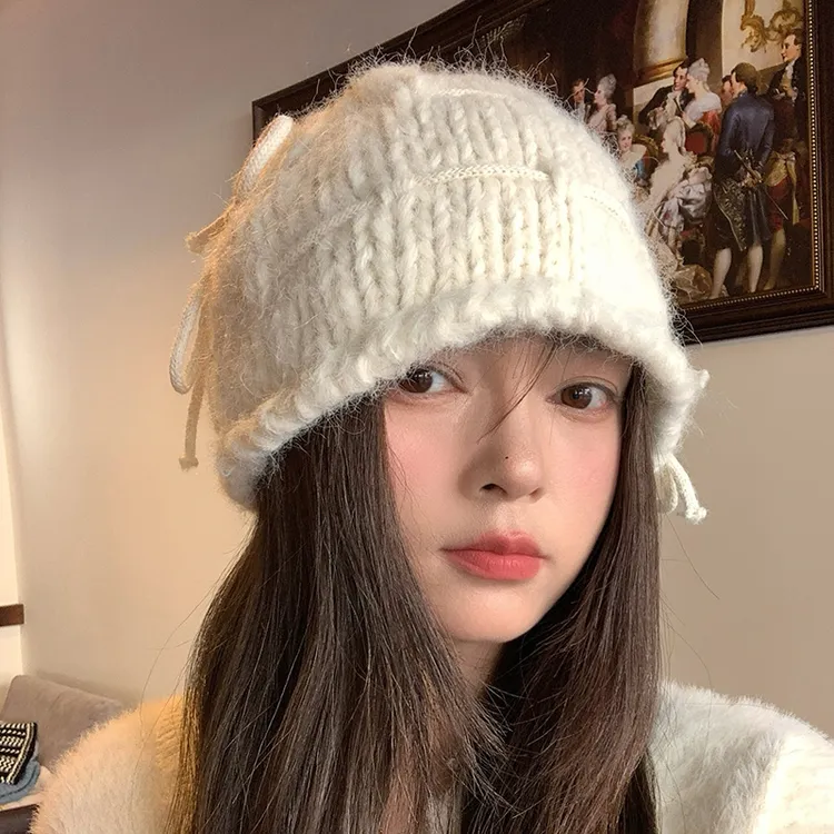 韩系蝴蝶结针织毛线帽子女秋冬季保暖护耳包头帽加厚显脸小套头帽