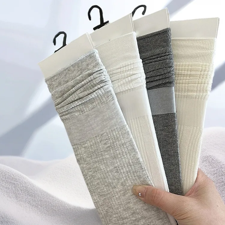 夏天薄款无骨镂空复古袜子女中筒袜纯棉竖条法式走秀简约堆堆袜