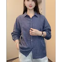 2025宽松女复古休闲条纹衬衫设计感条纹百搭款拼接时尚长袖衬衣女