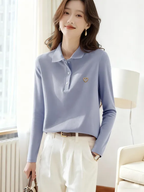 早秋上衣百搭老钱风针织衫女长袖内搭外穿有领t恤polo衫女装穿搭