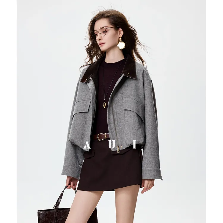 aui时尚小香风灰色毛呢短外套女2025新款高级感通勤外套25W100473