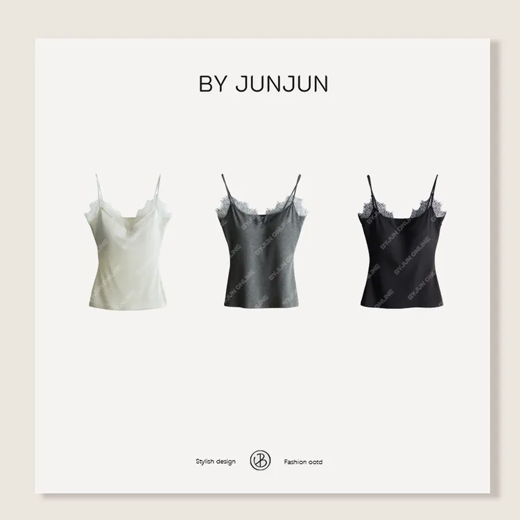 ByJunjun珺珺自留推荐蕾丝边V领美背吊带含胸垫