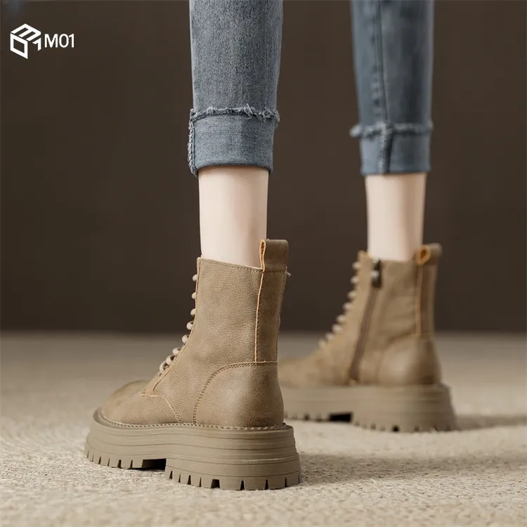 M01复古马丁靴女2025秋季新款单靴厚底系带英伦风爆款工装短靴子