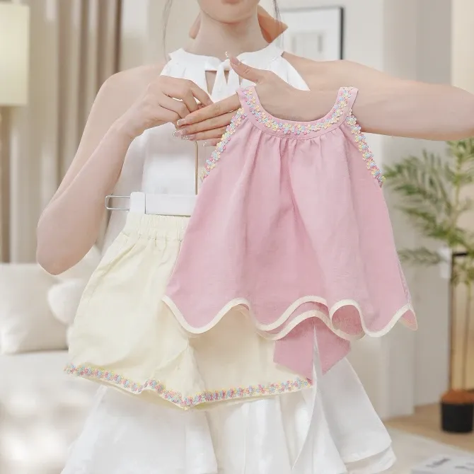 女童夏装套装宝宝夏季薄款衣服新款女童背面蝴蝶结花边短裤两件套