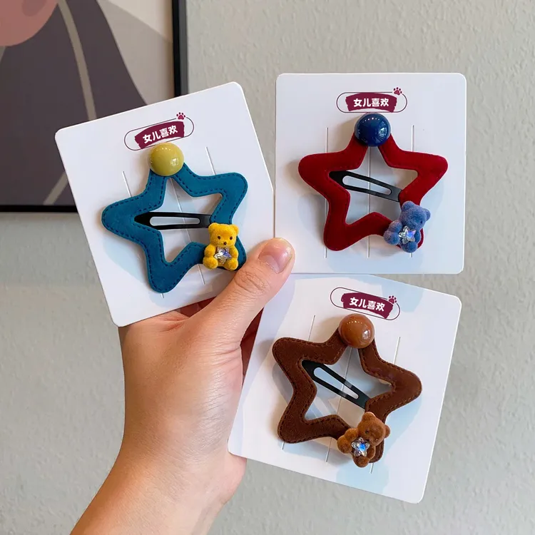 儿童植绒五角星星发夹可爱小熊侧边发卡子女童新款发饰百搭碎发夹