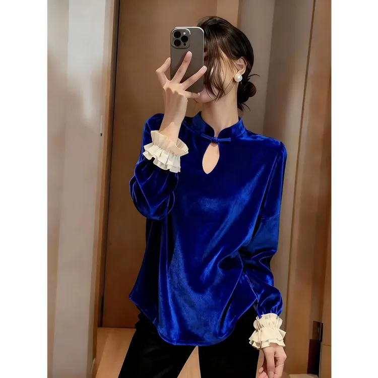 新中式宝蓝色丝绒衬衫女冬2025新款内搭高级感独特漂亮巨好看厚上