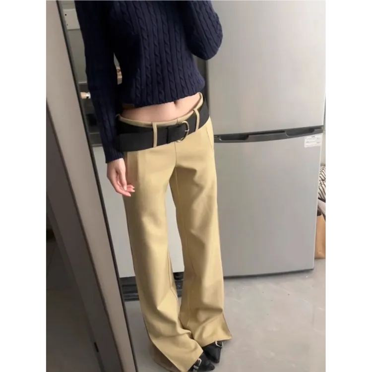 美式复古卡其中腰休闲裤女秋冬百搭直筒裤西装阔腿裤长裤拖地裤子