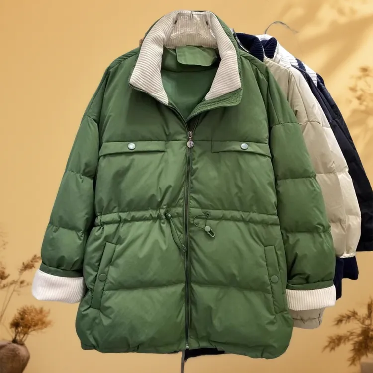 8894欧货设计感灯芯绒拼接棉服女秋冬新款复古加厚棉衣外套