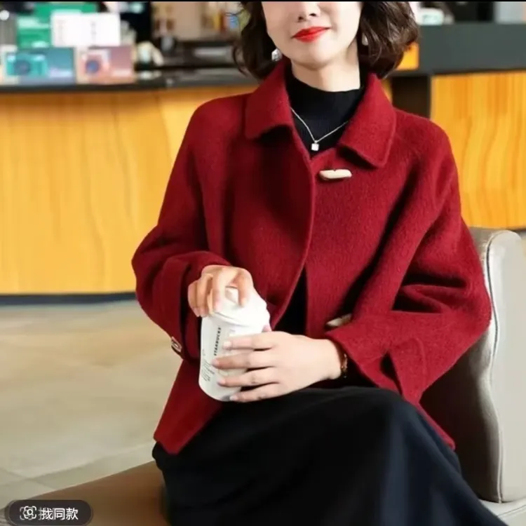 新款高级感宽松翻领呢子外套搭配休闲阔腿裤秋冬新款遮肉显瘦女装