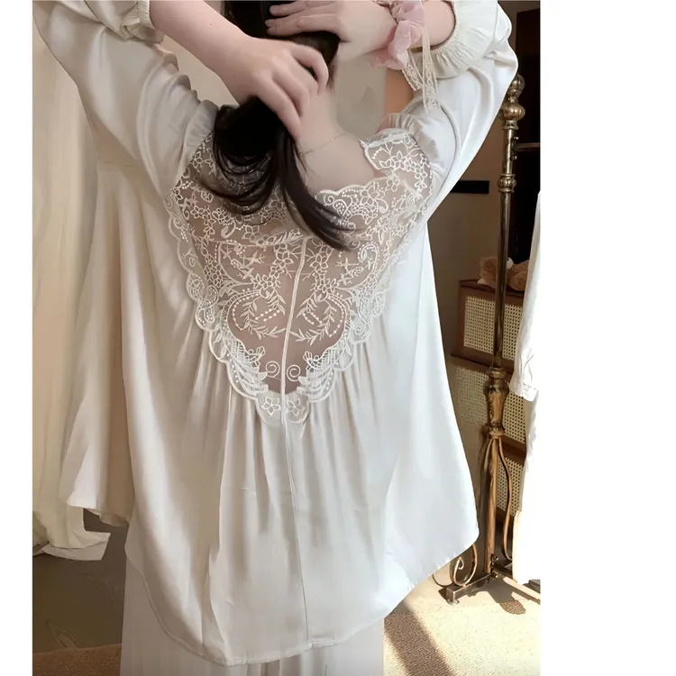 睡衣女春秋季长袖高级感轻奢蕾丝超柔软贡缎棉刺绣镂空家居服套装