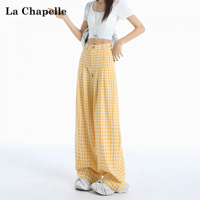 拉夏贝尔黄色格子高腰宽松垂感阔腿裤子直筒休闲裤女2025夏季新款