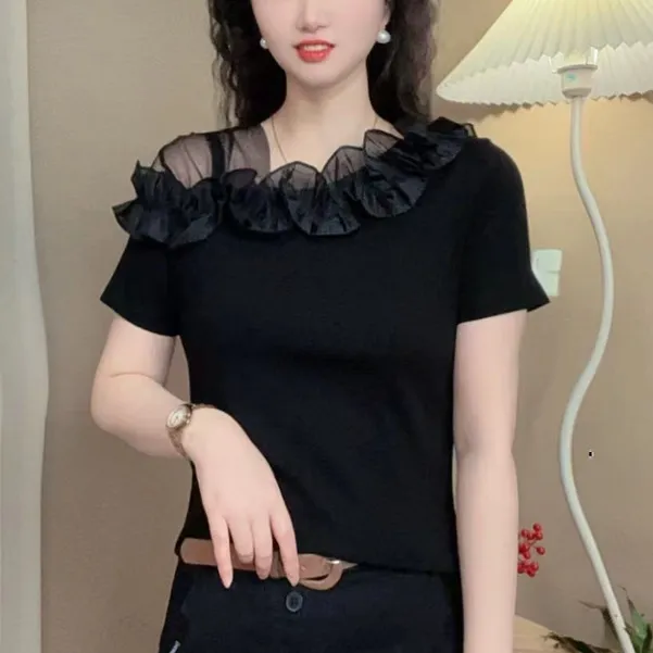 夏季新品时尚露肩减龄T恤显瘦百搭不规则领气质短袖上衣2025