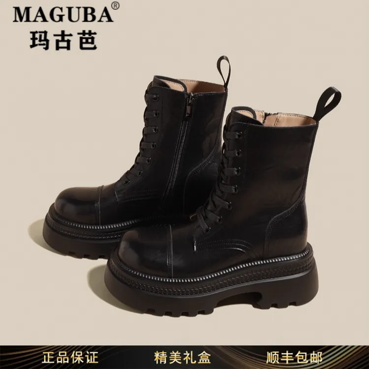 玛古芭女鞋内增高马丁靴女新款秋季英伦风厚底粗跟小个子复古短靴