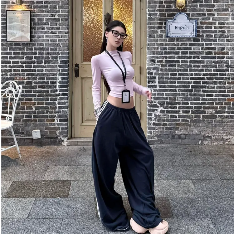 美式简约纯色显瘦T恤上衣高腰阔腿运动长裤套装洋气休闲时尚套装
