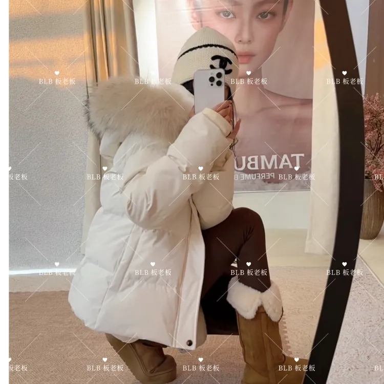 2025新款连帽收腰羽绒服女短款冬季修身显瘦加厚大毛领白鸭绒外套