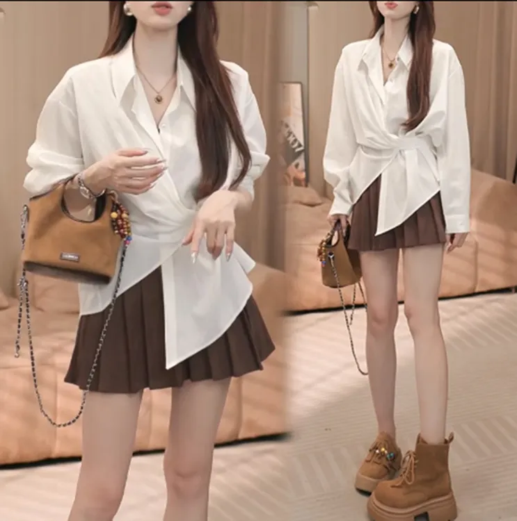 【百搭爆款】白色单排多扣法式拼接设计感小众宽松休闲长袖衬衫女