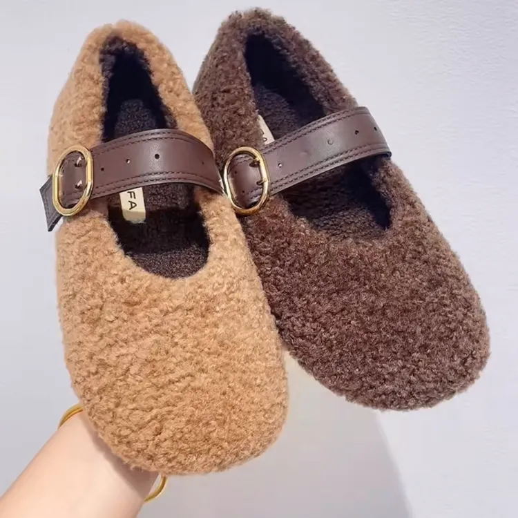 【静姐家】一字带浅口单鞋女2025冬季新款平底保暖毛毛鞋豆豆鞋