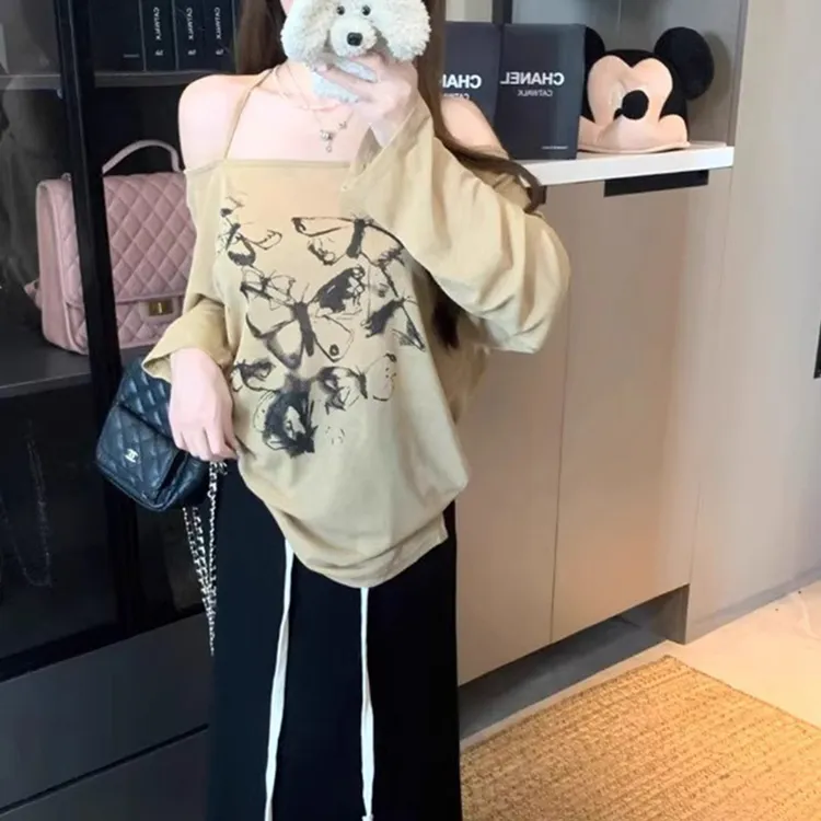 纯欲风挂脖蝴蝶印花露肩t恤女春季性感辣妹穿搭超仙绝美长袖上衣
